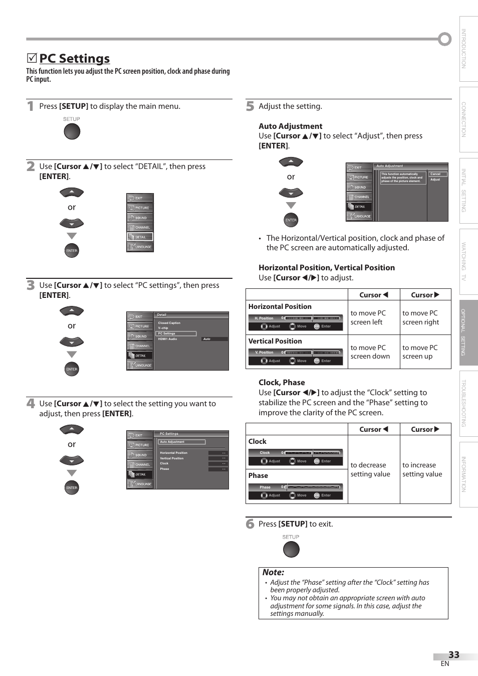 Pc settings, Troubleshooting information, Press [setup] to display the main menu | Press [setup] to exit | Sylvania LC370SS8 User Manual | Page 33 / 40