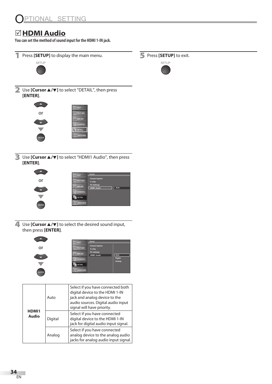 Ptional setting, Hdmi audio | Sylvania LC370SS8 User Manual | Page 34 / 40