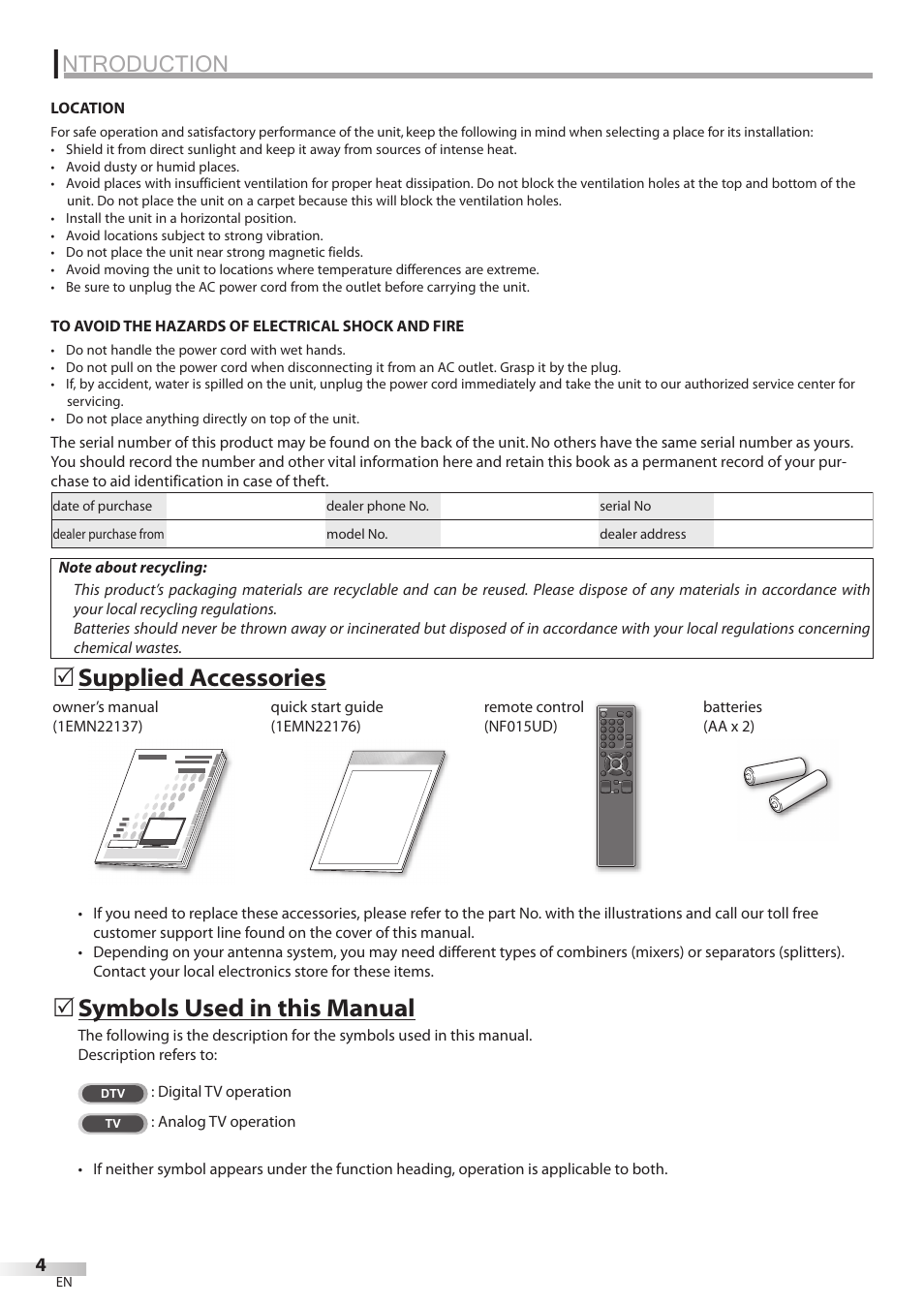 Ntroduction, Symbols used in this manual, Supplied accessories | Sylvania LC370SS8 User Manual | Page 4 / 40