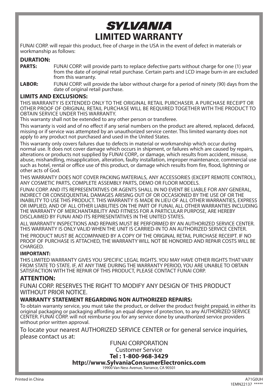Limited warranty | Sylvania LC370SS8 User Manual | Page 40 / 40