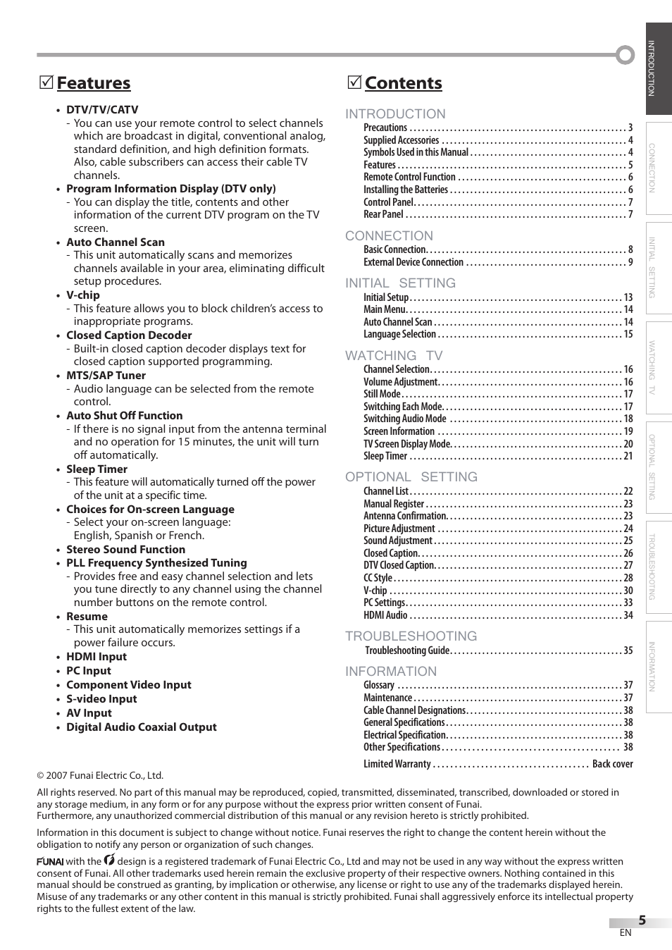 Introduction, Connection, Initial setting | Watching tv, Optional setting, Troubleshooting, Information, Contents 5, Features 5 | Sylvania LC370SS8 User Manual | Page 5 / 40