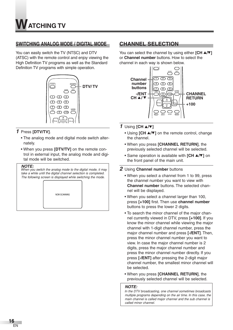 Atching tv, Switching analog mode / digital mode, Channel selection | Dtv/ tv | Sylvania 6427GFF User Manual | Page 16 / 78