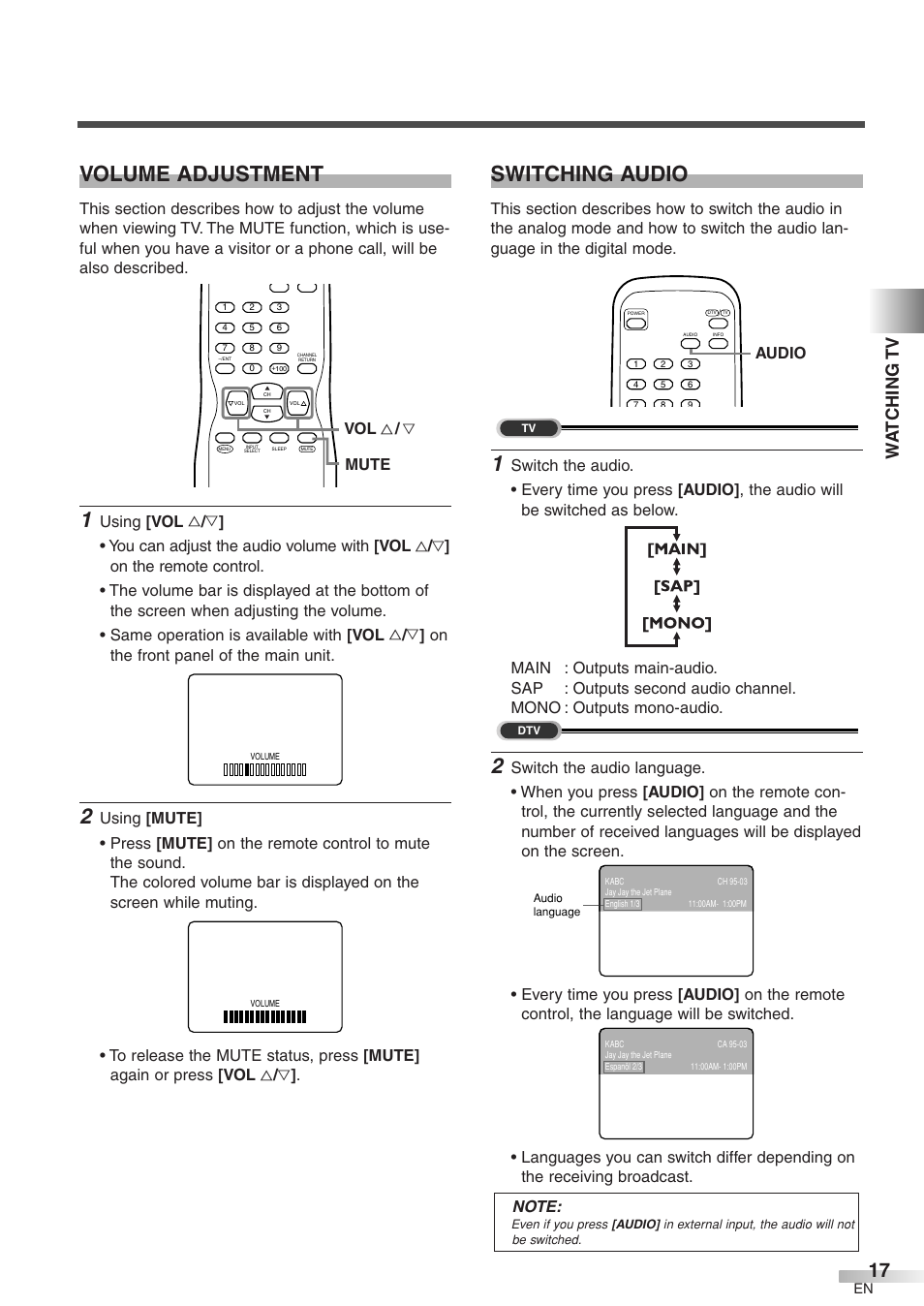 Volume adjustment, Switching audio, Wa t ching tv | Mute vol x / y, Audio | Sylvania 6427GFF User Manual | Page 17 / 78