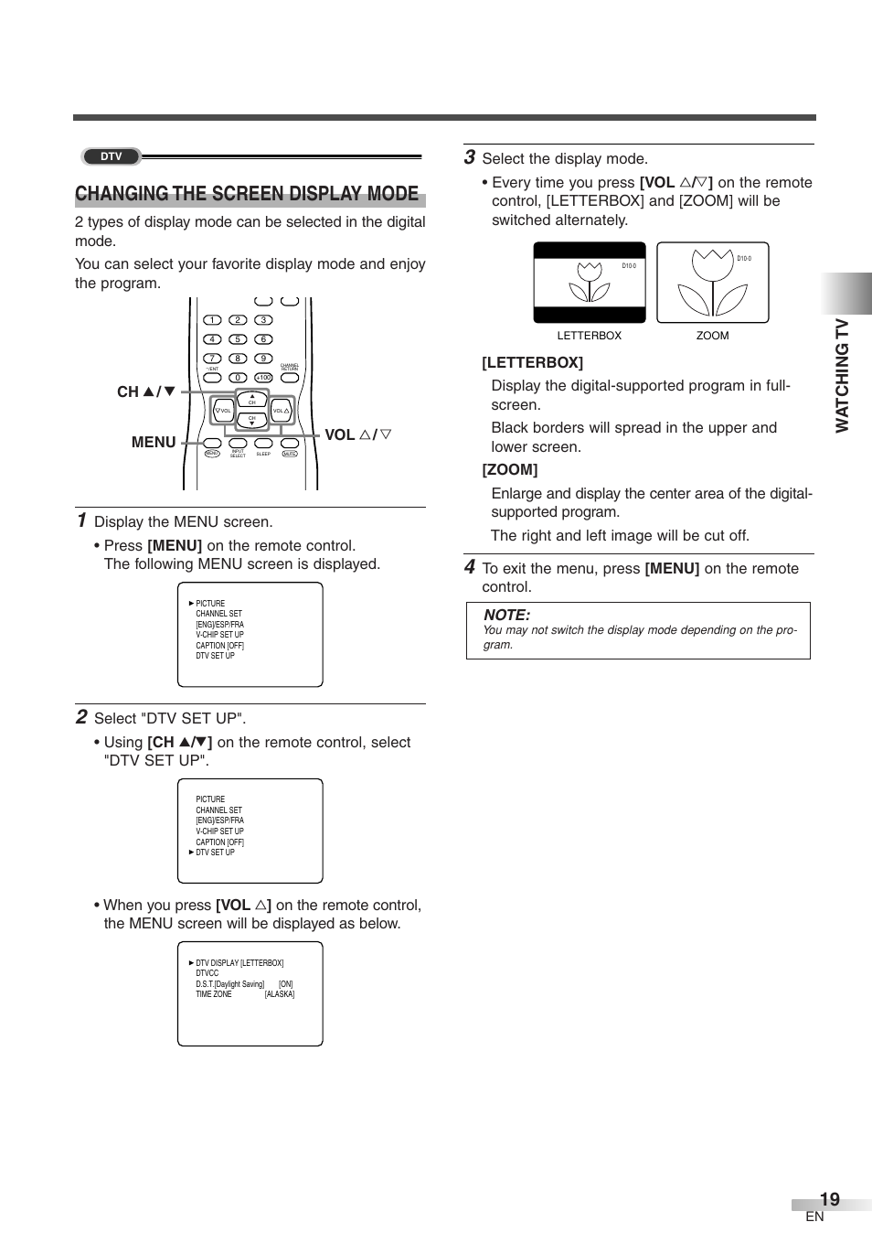 Changing the screen display mode, Wa t ching tv, Menu ch k / l vol x / y | Sylvania 6427GFF User Manual | Page 19 / 78