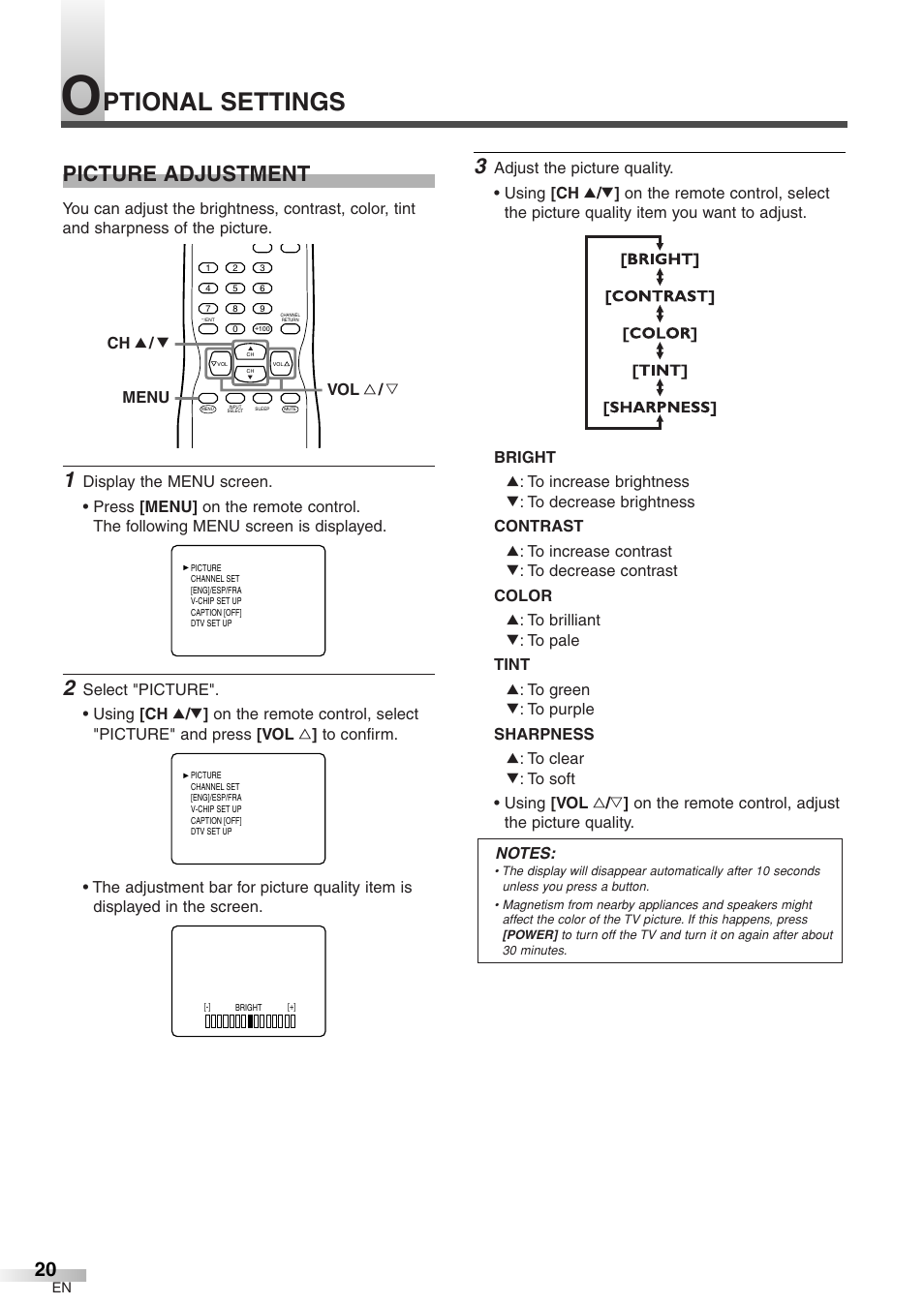 Ptional settings, Picture adjustment | Sylvania 6427GFF User Manual | Page 20 / 78