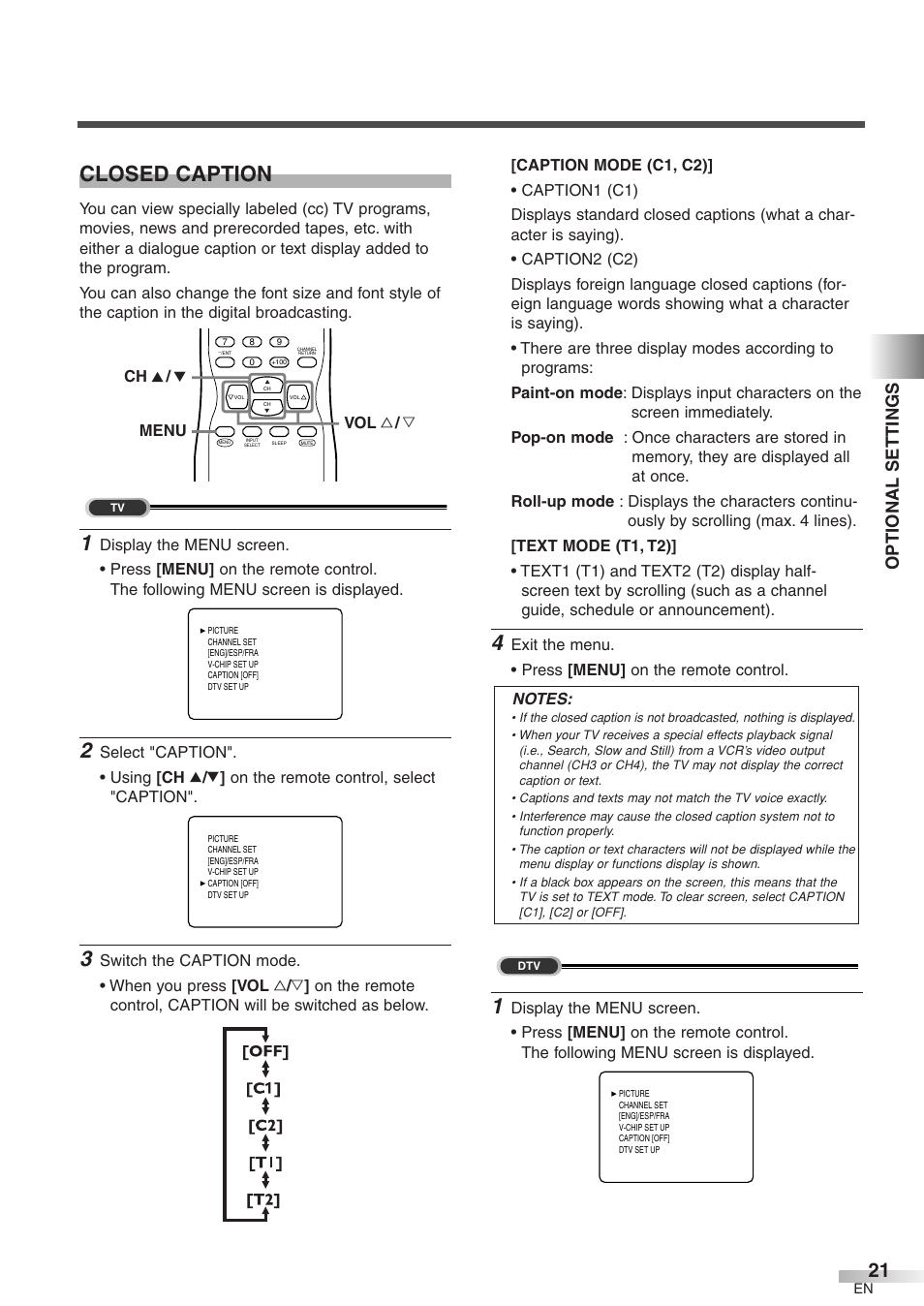 Closed caption, Optional settings | Sylvania 6427GFF User Manual | Page 21 / 78