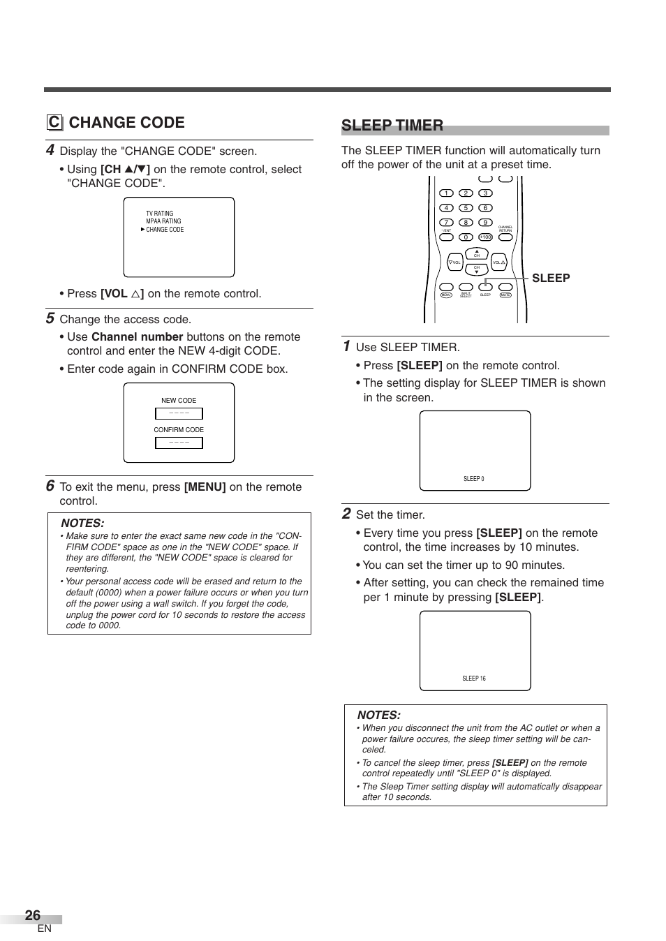 C change code sleep timer, Sleep | Sylvania 6427GFF User Manual | Page 26 / 78