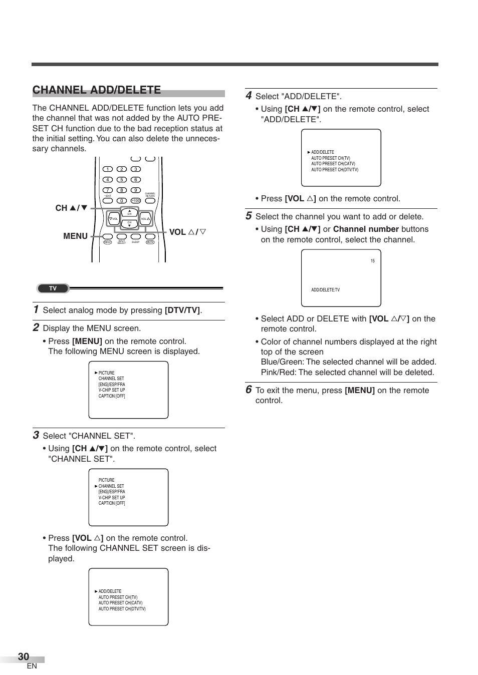 Channel add/delete, Select analog mode by pressing [dtv/tv, Menu ch k / l vol x / y | Sylvania 6427GFF User Manual | Page 30 / 78