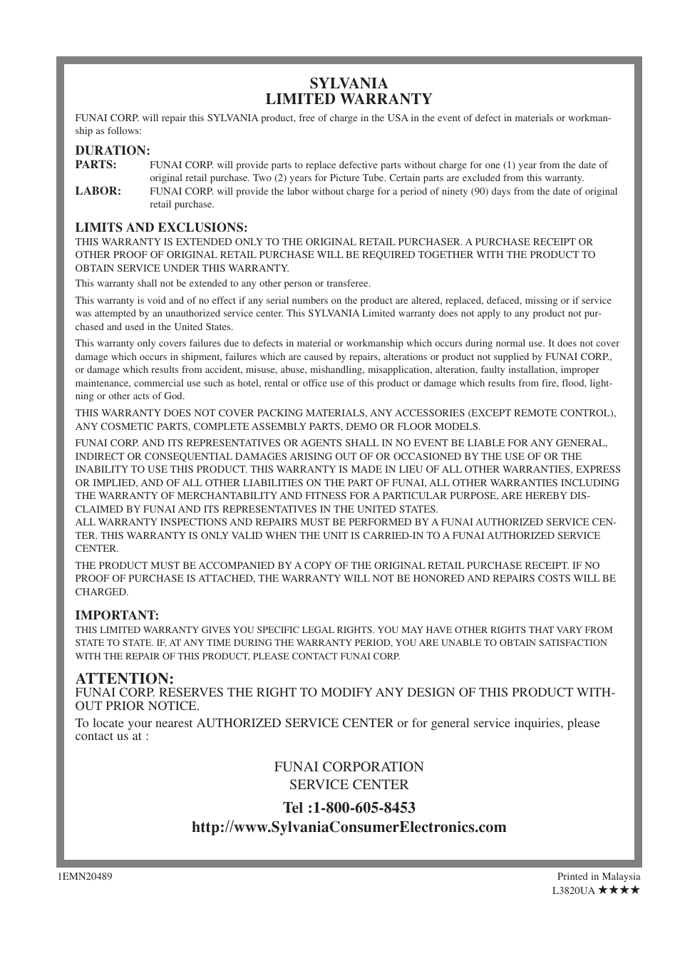 Sylvania limited warranty, Attention | Sylvania 6427GFF User Manual | Page 38 / 78