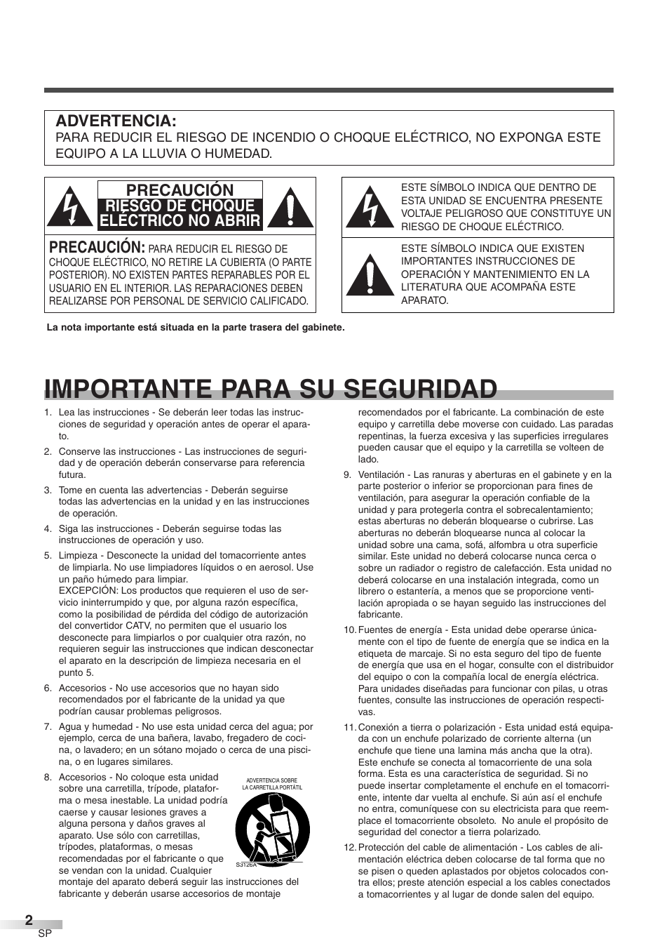 Importante para su seguridad, Precaución, Precaución riesgo de choque eléctrico no abrir | Advertencia | Sylvania 6427GFF User Manual | Page 40 / 78
