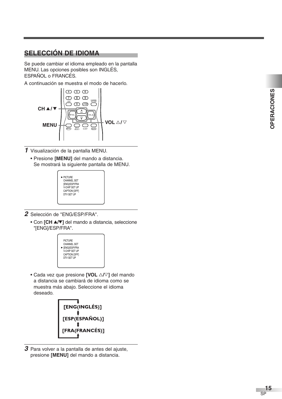 Selección de idioma, Opera ciones, Menu ch k / l vol x / y | Sylvania 6427GFF User Manual | Page 53 / 78