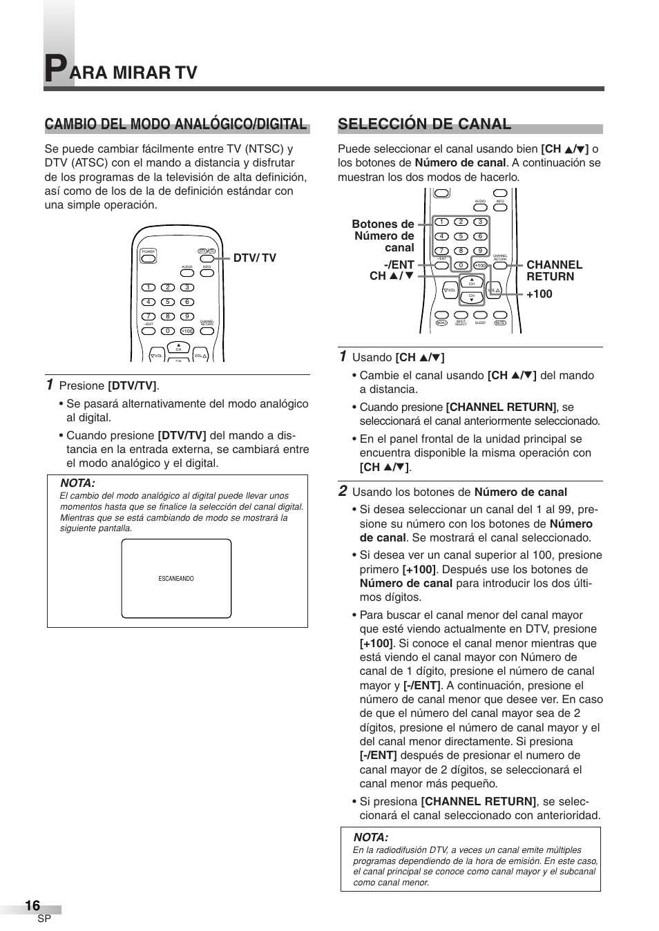 Ara mirar tv, Cambio del modo analógico/digital, Selección de canal | Dtv/ tv | Sylvania 6427GFF User Manual | Page 54 / 78