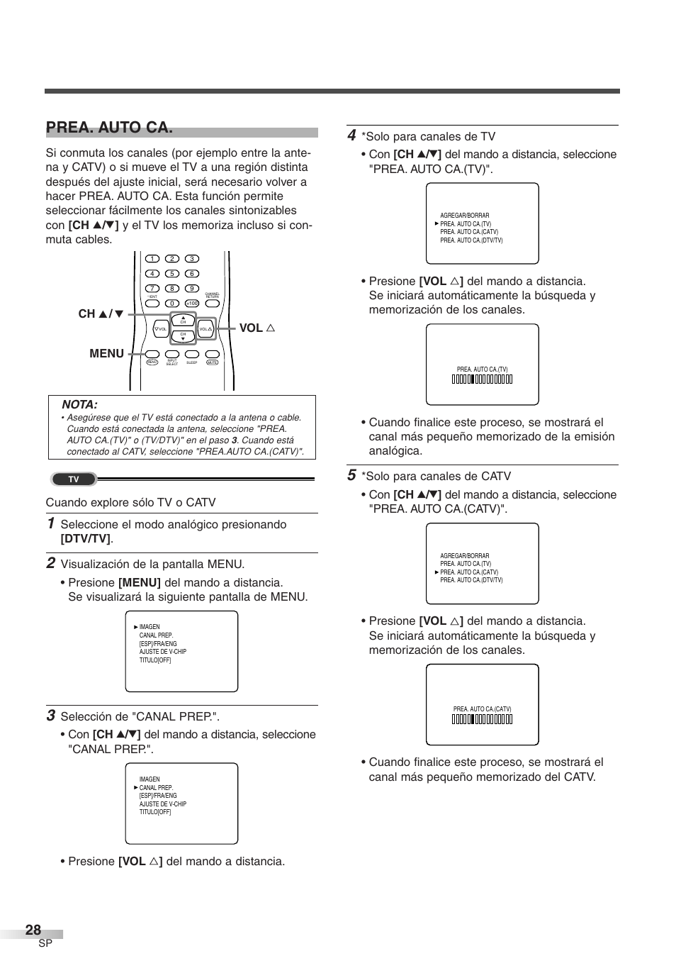 Prea. auto ca, Seleccione el modo analógico presionando [dtv/tv, Nota | Vol x menu ch k / l | Sylvania 6427GFF User Manual | Page 66 / 78