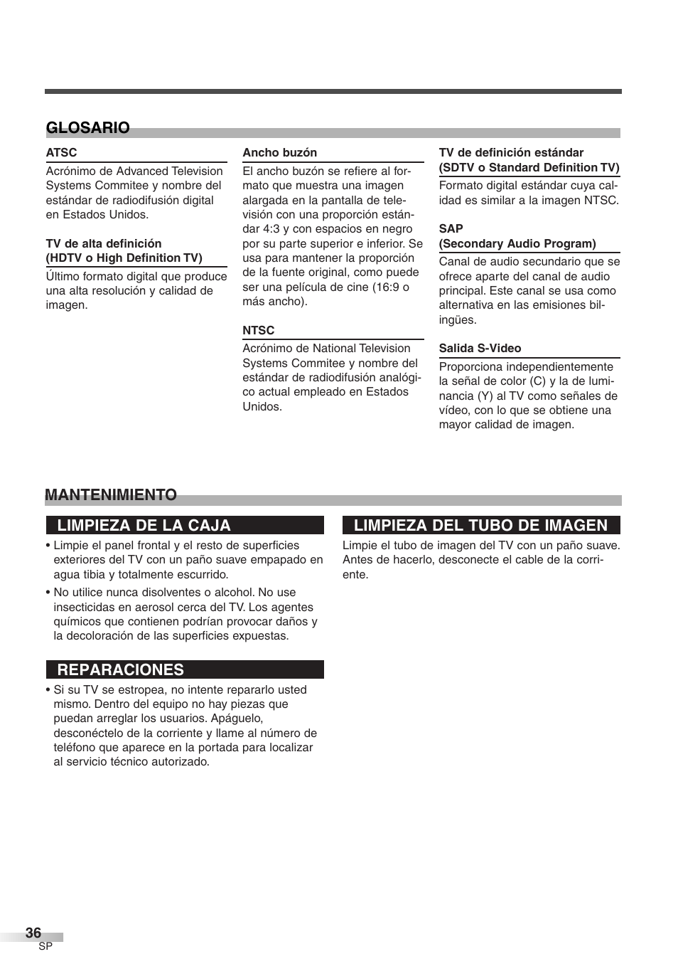 Limpieza de la caja, Reparaciones, Limpieza del tubo de imagen | Mantenimiento glosario | Sylvania 6427GFF User Manual | Page 74 / 78