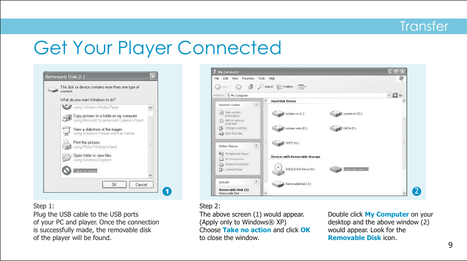 Get your player connected, Transfer | Sylvania SMPK2242 User Manual | Page 11 / 30