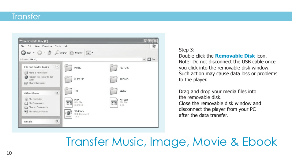 Transfer music, lmage, movie & ebook | Sylvania SMPK2242 User Manual | Page 12 / 30