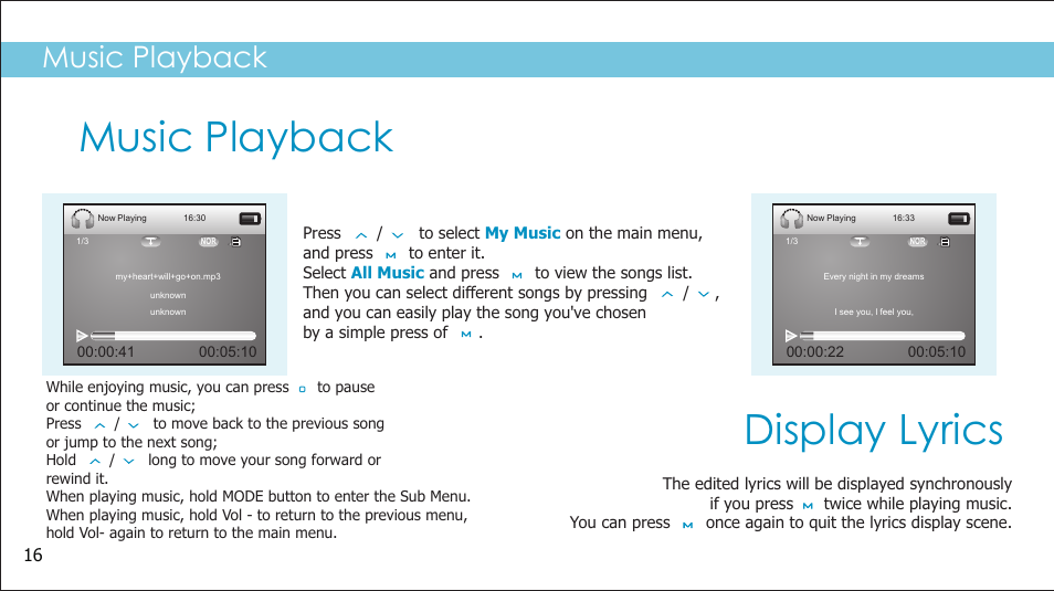 Music playback display lyrics, Music playback | Sylvania SMPK2242 User Manual | Page 18 / 30