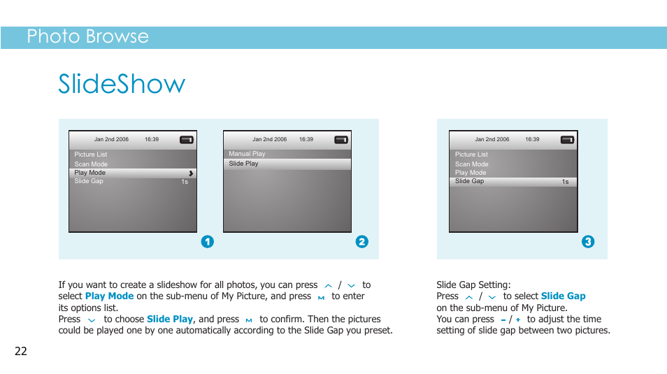 Slideshow, Photo browse | Sylvania SMPK2242 User Manual | Page 24 / 30