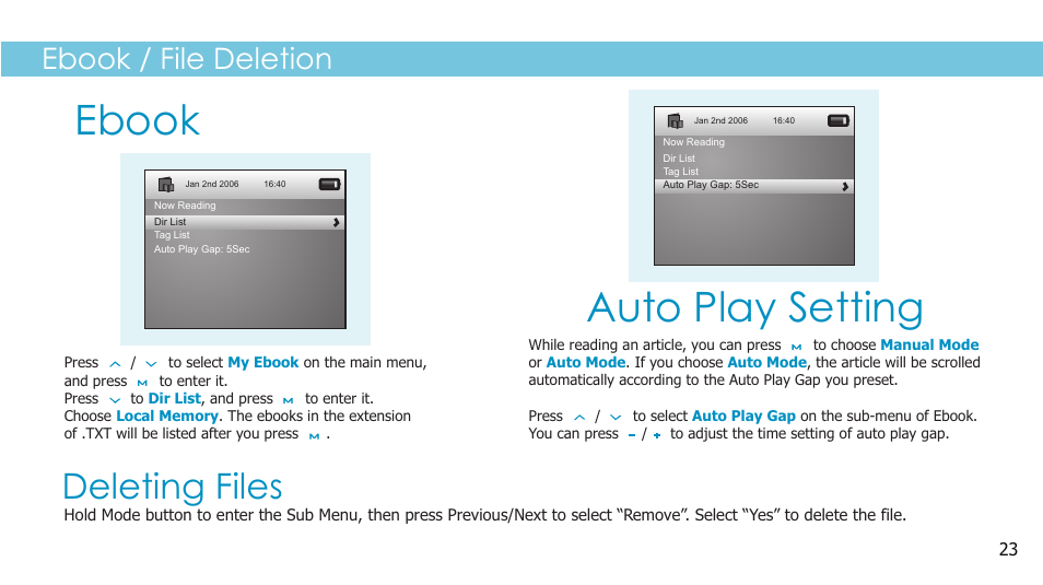 Ebook auto play setting, Deleting files, Ebook / file deletion | Sylvania SMPK2242 User Manual | Page 25 / 30