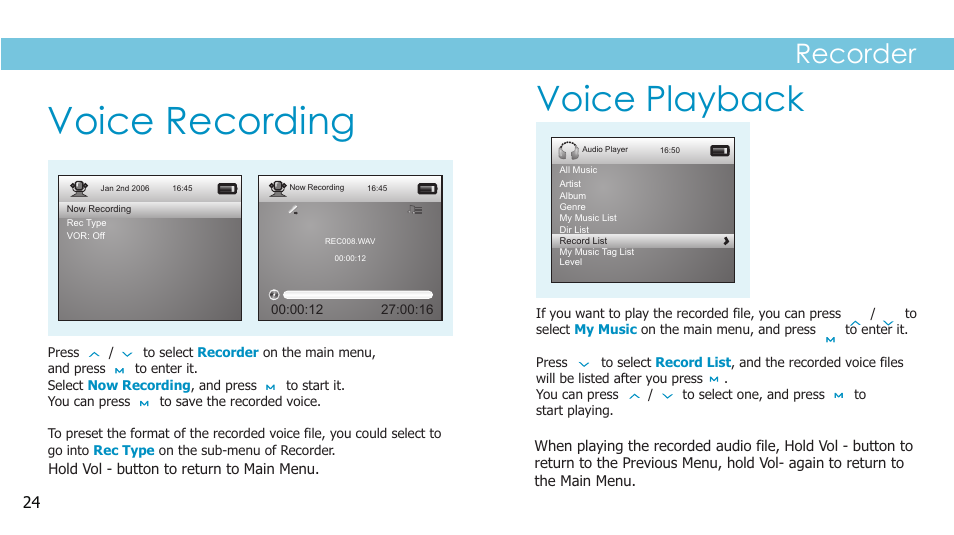 Voice recording, Voice playback, Recorder | Sylvania SMPK2242 User Manual | Page 26 / 30