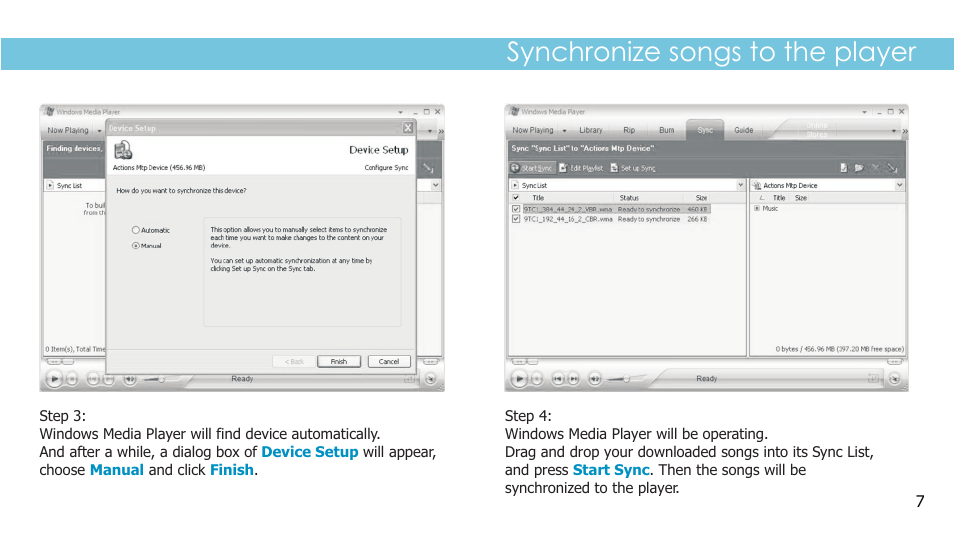 Synchronize songs to the player | Sylvania SMPK2242 User Manual | Page 9 / 30