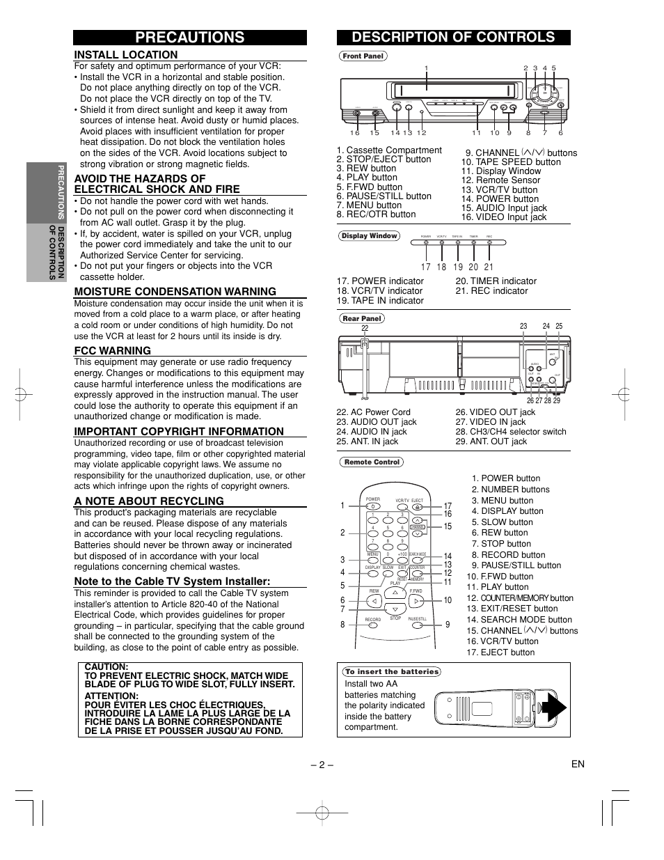 Precautions, Description of controls, Install location | Avoid the hazards of electrical shock and fire, Moisture condensation warning, Fcc warning, Important copyright information, 2 – en, Menu | Sylvania 6240VC User Manual | Page 2 / 8