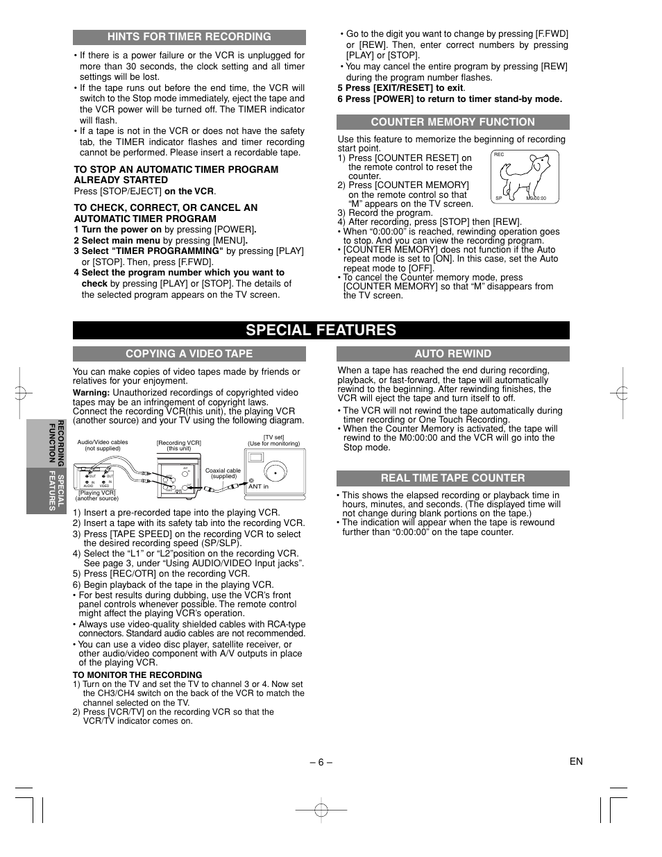 Special features, Copying a video tape, Hints for timer recording | Auto rewind, Real time tape counter | Sylvania 6240VC User Manual | Page 6 / 8