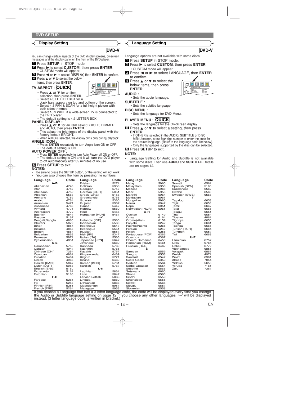 Quick, Dvd-v, Display setting – 14 | Dvd setup, Language setting | Sylvania DVL100D User Manual | Page 14 / 20