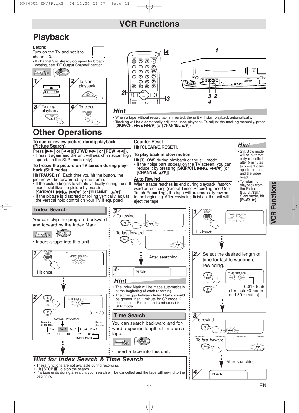 Playback, Other operations, Vcr functions | 3hint hint, Hint, Hint f, Index search, Time search | Sylvania DVC860F User Manual | Page 11 / 28