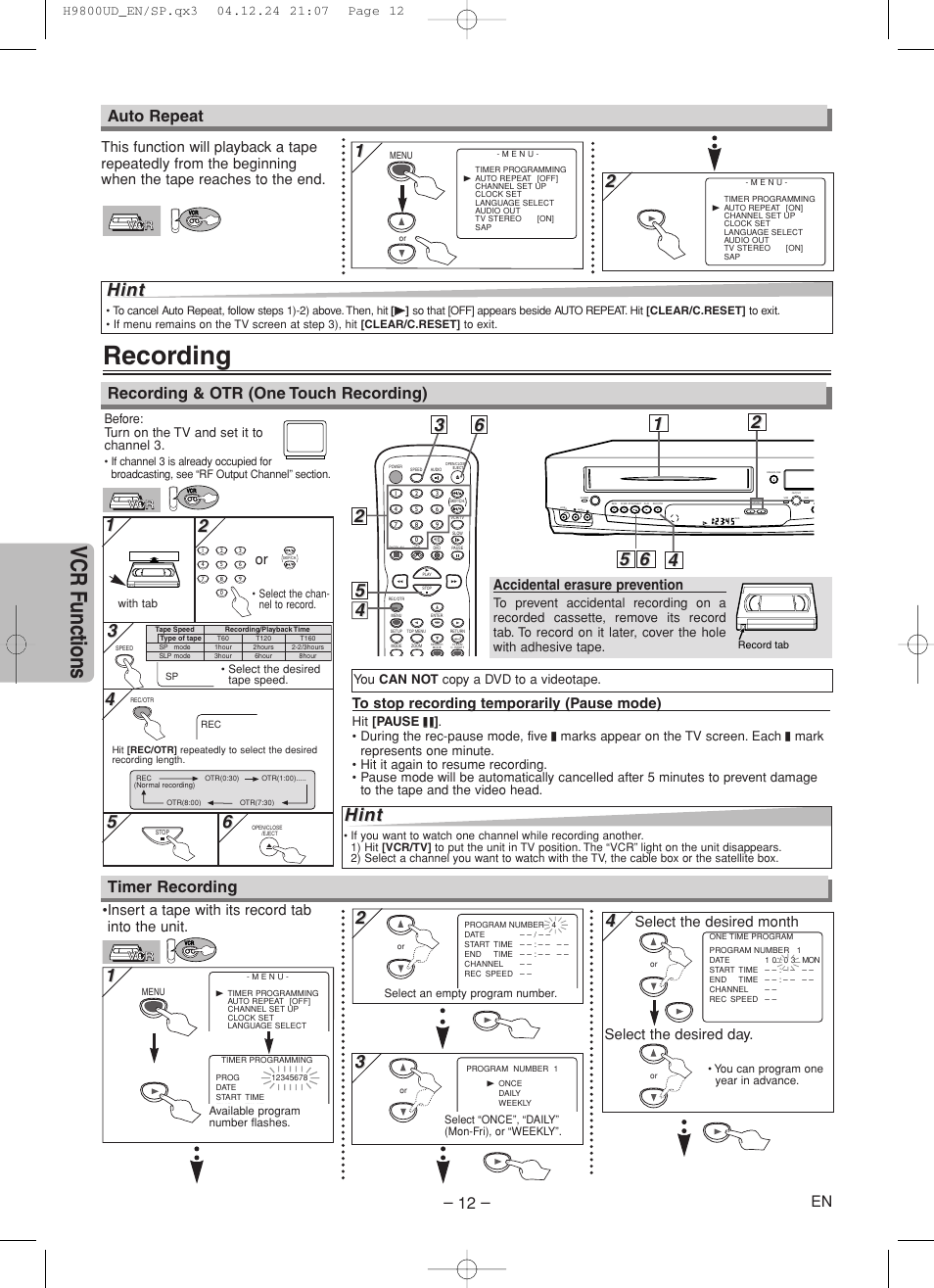 Recording, Vcr functions, Hint | Recording & otr (one touch recording), Auto repeat, Timer recording, Select the desired month select the desired day, Accidental erasure prevention, Insert a tape with its record tab into the unit | Sylvania DVC860F User Manual | Page 12 / 28
