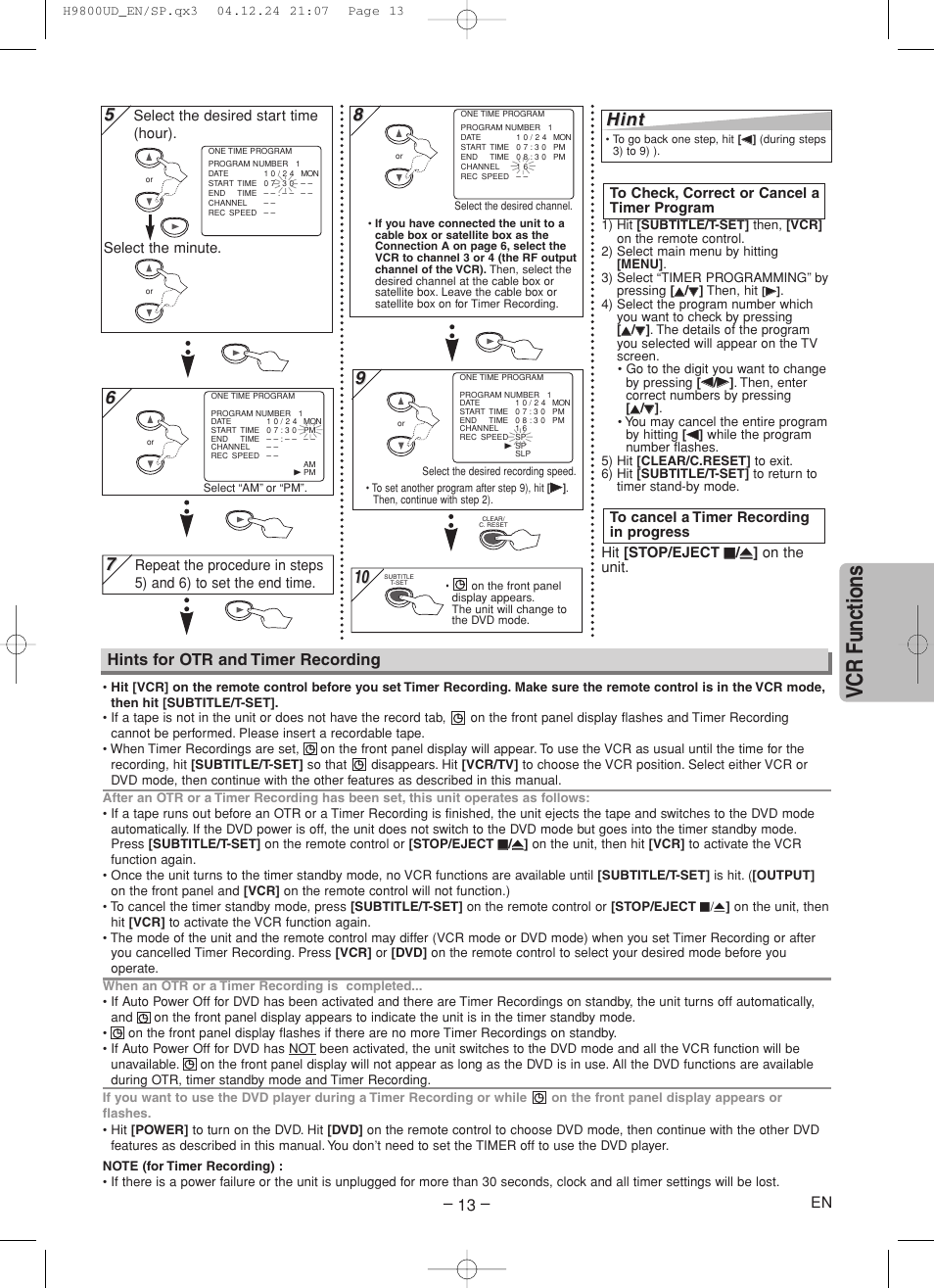 Vcr functions, Hint, Hints for otr and timer recording | Sylvania DVC860F User Manual | Page 13 / 28