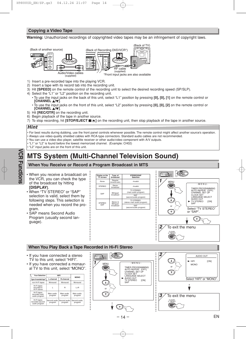 Mts system (multi-channel television sound), Vcr functions, Hint | Copying a video tape, Connect | Sylvania DVC860F User Manual | Page 14 / 28
