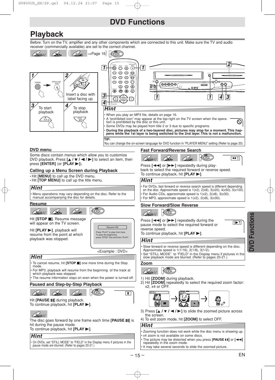 Playback, Dvd functions, Hint | 2hint hint, 1hint hint | Sylvania DVC860F User Manual | Page 15 / 28