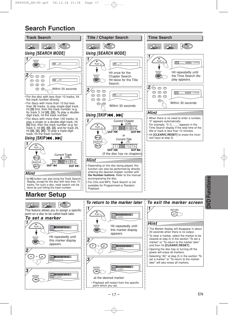Search function, Marker setup, Dvd functions | Using [search, Using [search mode] mode, Using [skip, Hint | Sylvania DVC860F User Manual | Page 17 / 28