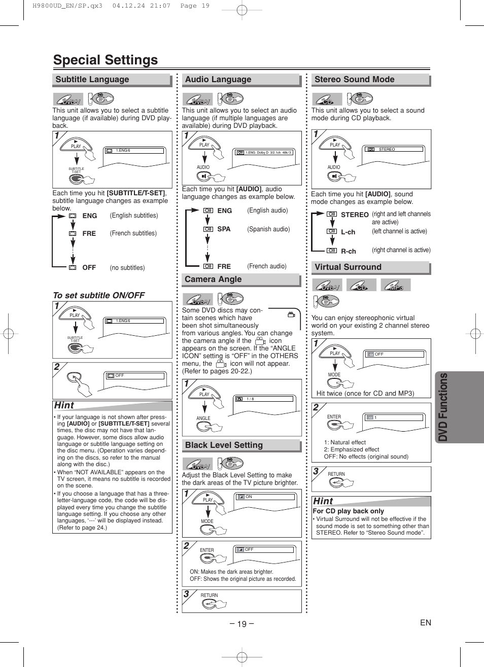 Special settings, Dvd functions, Hint | Sylvania DVC860F User Manual | Page 19 / 28
