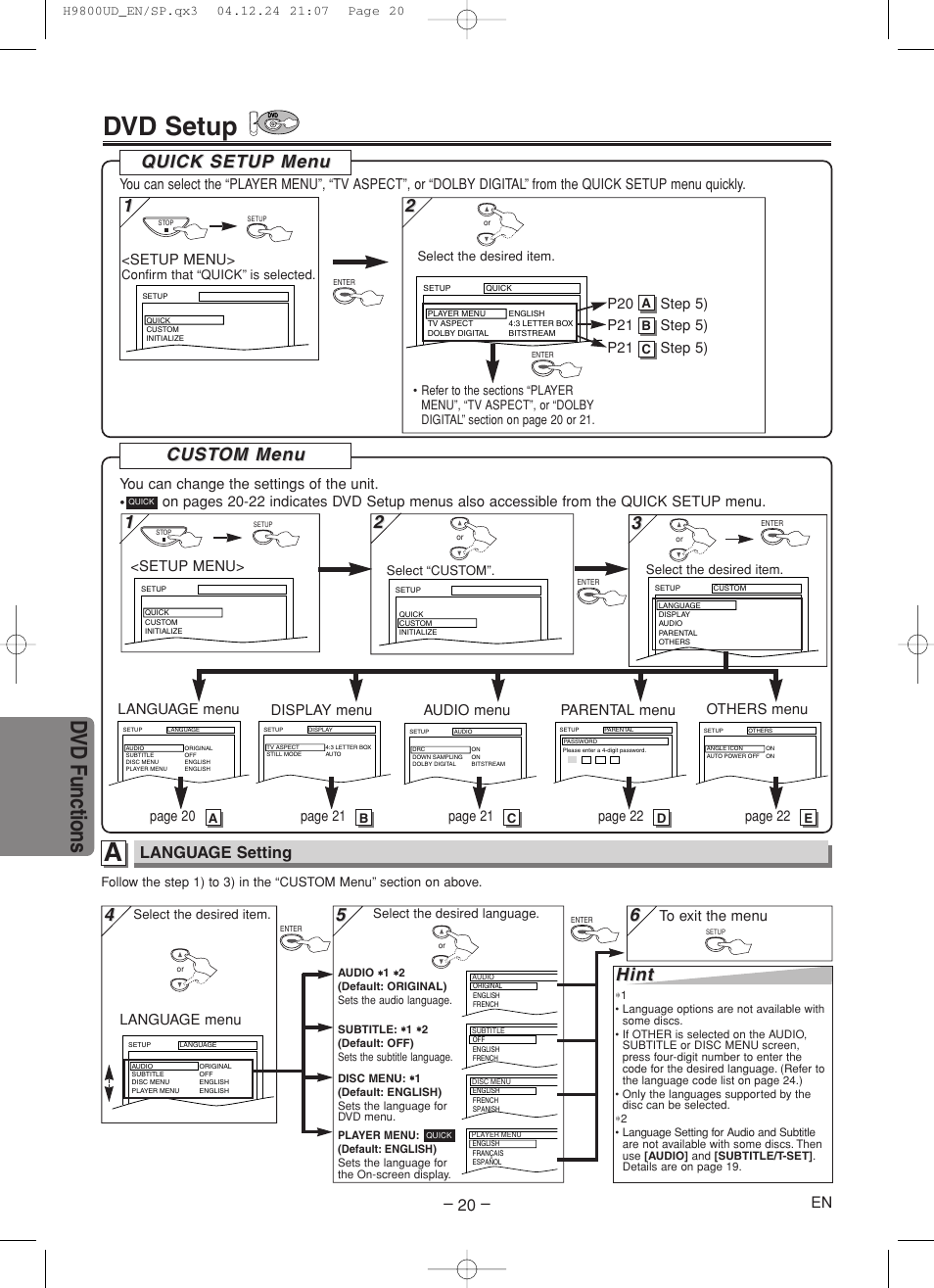 Dvd setup, Dvd functions, Hint | Quick setup men uick setup men u u, Cust, Cust om men om men u u, Language setting | Sylvania DVC860F User Manual | Page 20 / 28