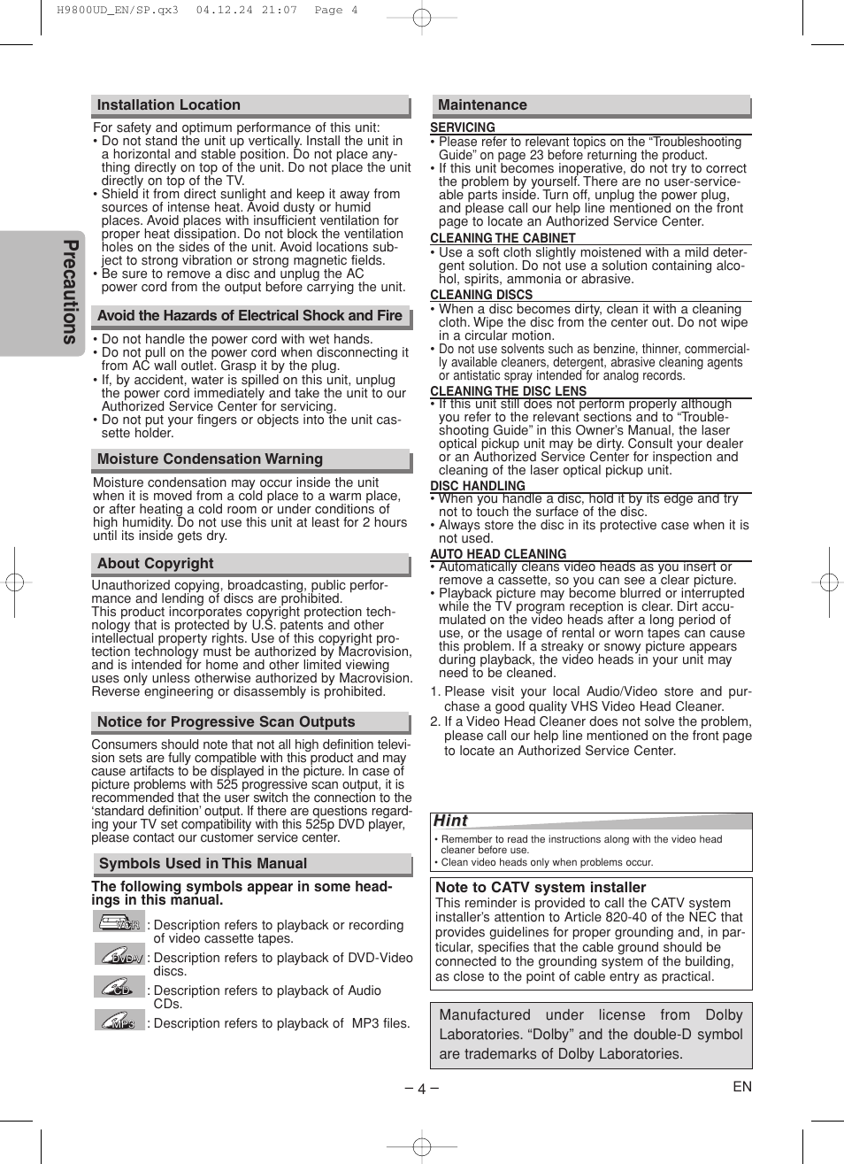 Precautions | Sylvania DVC860F User Manual | Page 4 / 28