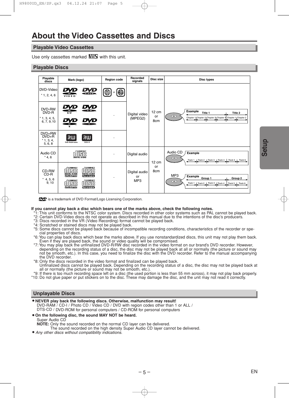 About the video cassettes and discs, Setup, Playable discs unplayable discs | Playable video cassettes, En use only cassettes marked with this unit | Sylvania DVC860F User Manual | Page 5 / 28