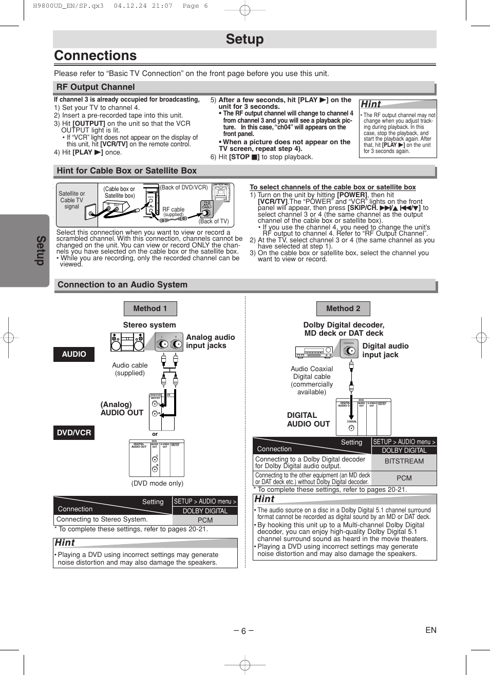 Connections, Setup, Hint | Hint for cable box or satellite box, Connection to an audio system, Rf output channel, Stereo system, Dolby digital decoder, md deck or dat deck | Sylvania DVC860F User Manual | Page 6 / 28