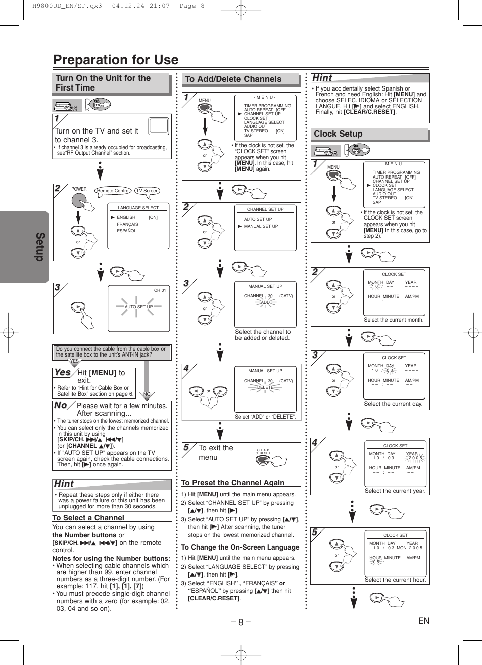 Preparation for use, Setup, 3hint hint | Hint, Yes es, Clock setup, Turn on the unit for the first time, Turn on the tv and set it to channel 3, Please wait for a few minutes. after scanning, Hit [menu] to exit | Sylvania DVC860F User Manual | Page 8 / 28