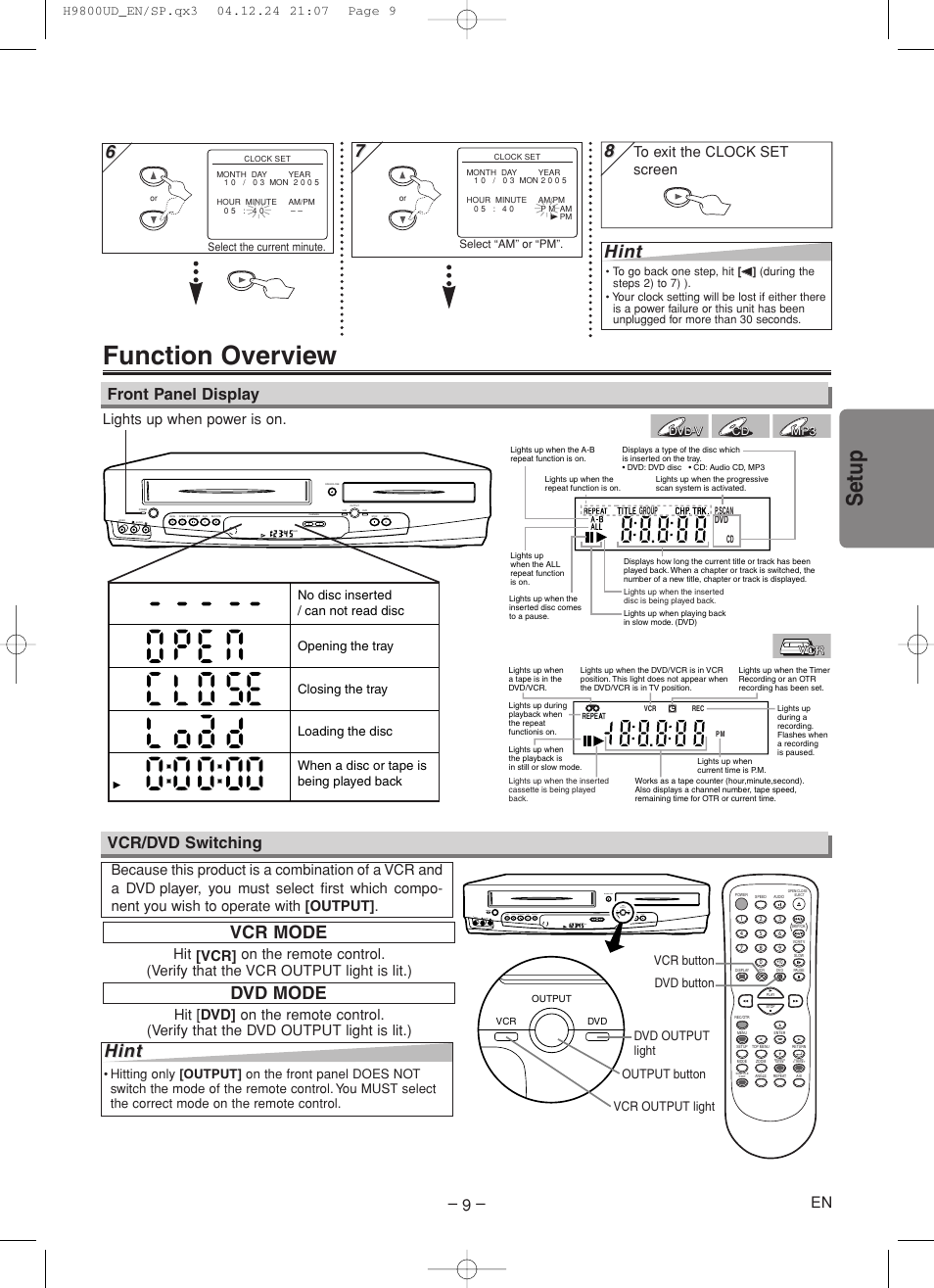Function overview, Setup, Hint | Vcr mode, Dvd mode, Front panel display, Vcr/dvd switching, Lights up when power is on | Sylvania DVC860F User Manual | Page 9 / 28