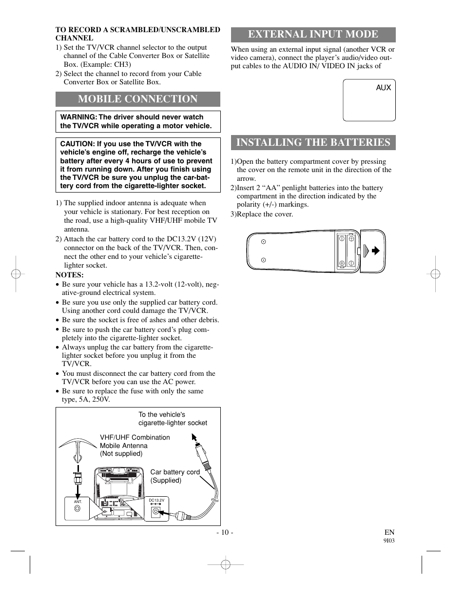 Installing the batteries, External input mode, Mobile connection | Sylvania SRC21135 User Manual | Page 10 / 31