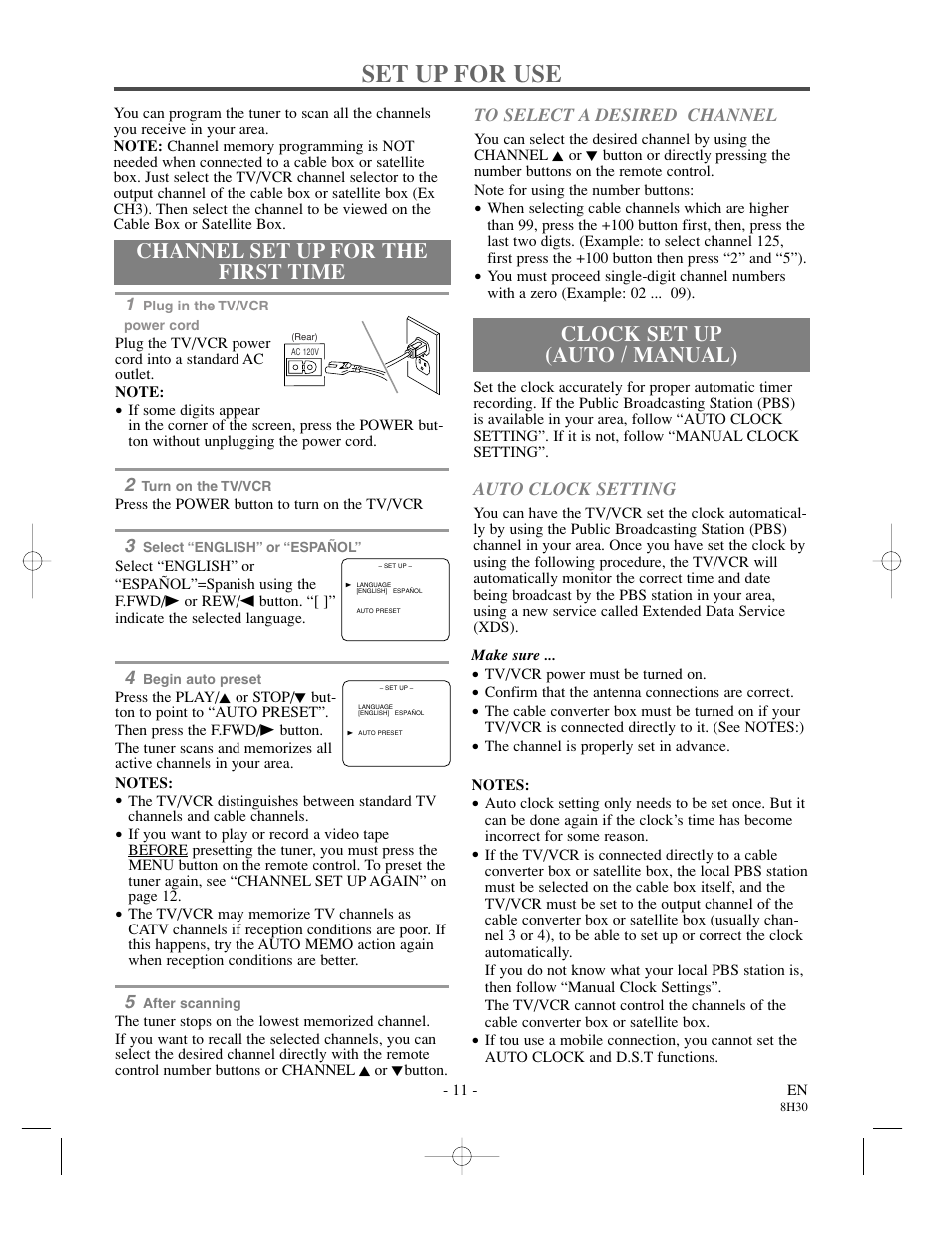 Set up for use, Channel set up for the first time, Clock set up (auto / manual) | Sylvania SRC21135 User Manual | Page 11 / 31