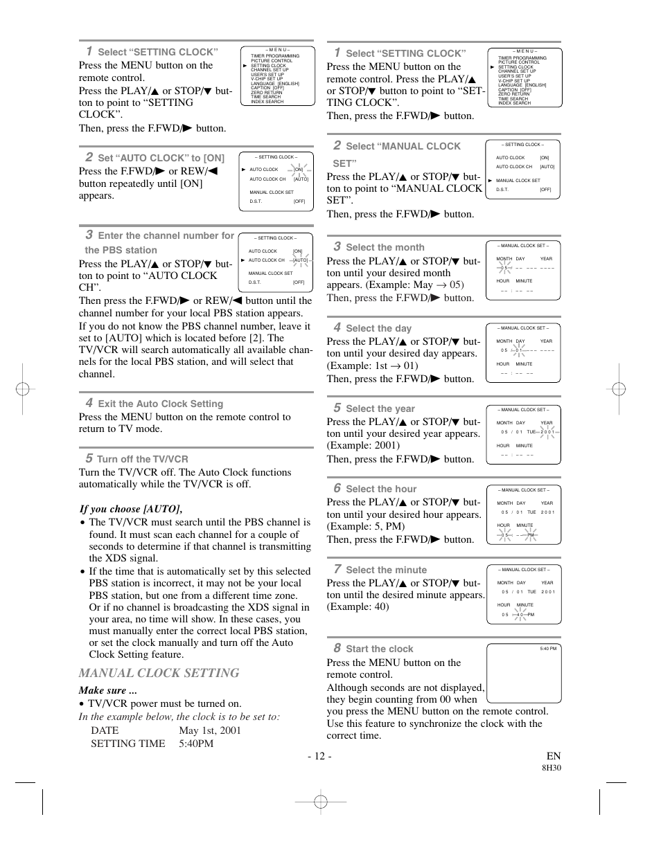 Manual clock setting, 12 - en, If you choose [auto | Make sure, Select the year, Select the hour, Select the minute, Start the clock, Select “setting clock, Select “manual clock set | Sylvania SRC21135 User Manual | Page 12 / 31