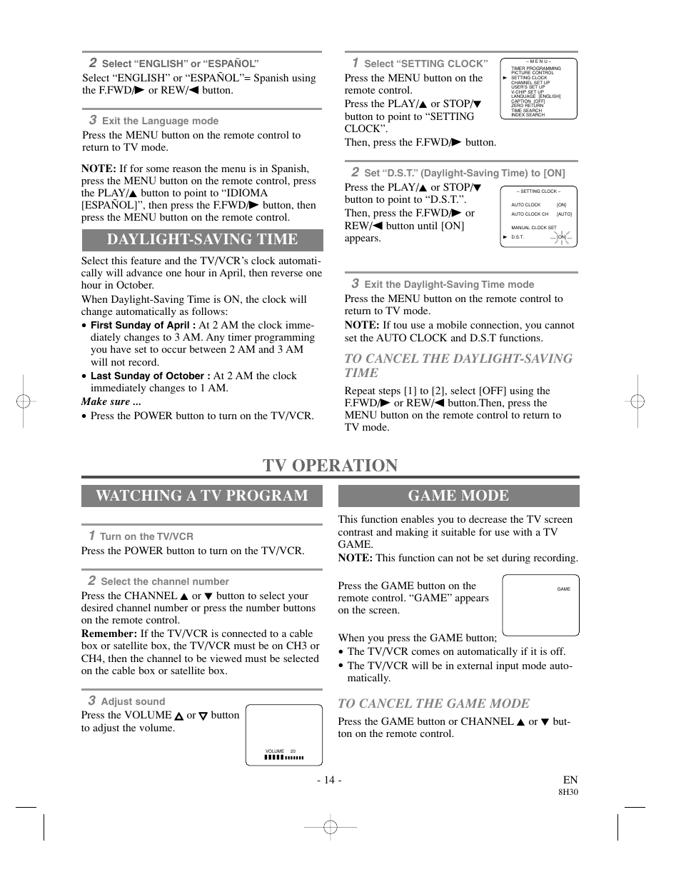 Tv operation, Watching a tv program, Game mode | Daylight-saving time | Sylvania SRC21135 User Manual | Page 14 / 31