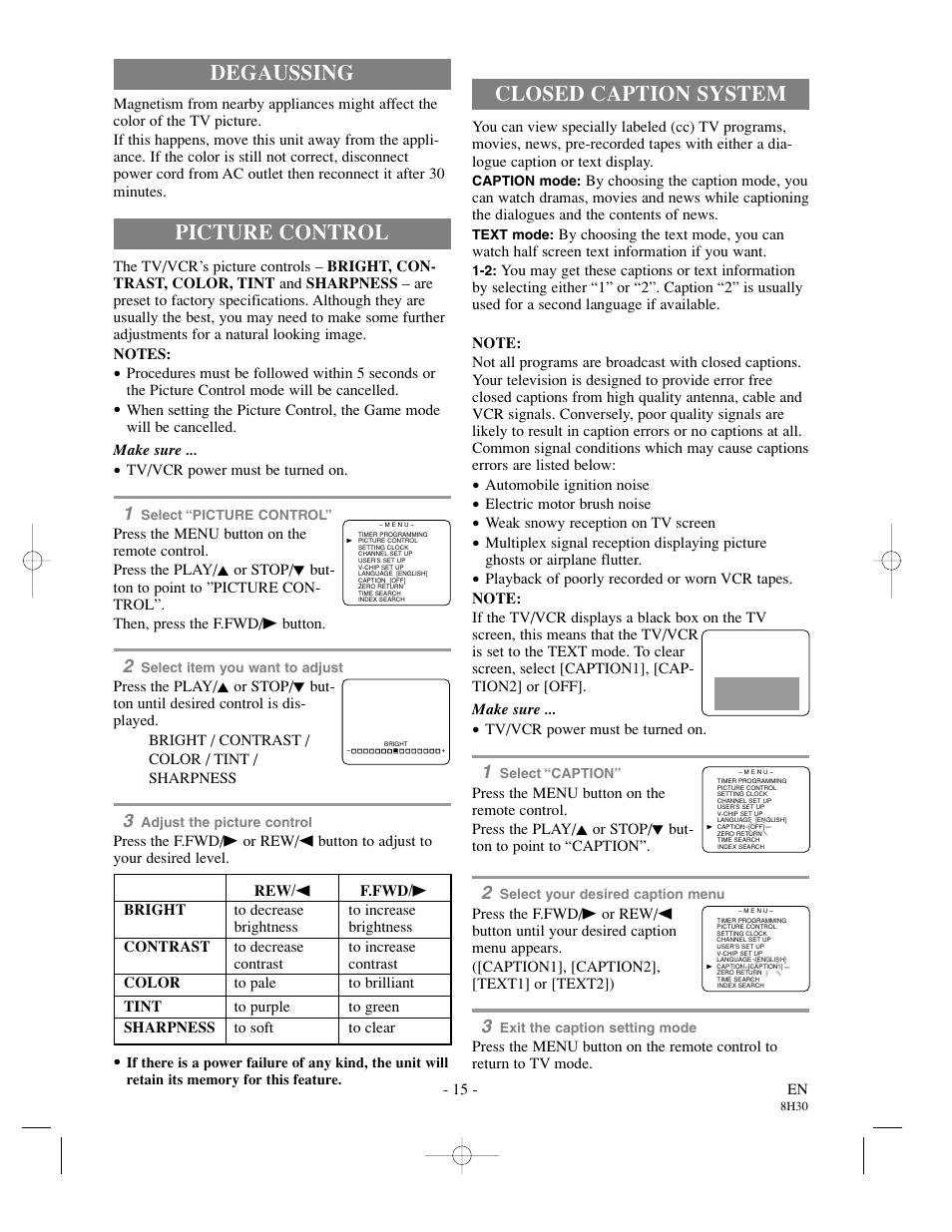 Picture control, Degaussing, Closed caption system | Sylvania SRC21135 User Manual | Page 15 / 31