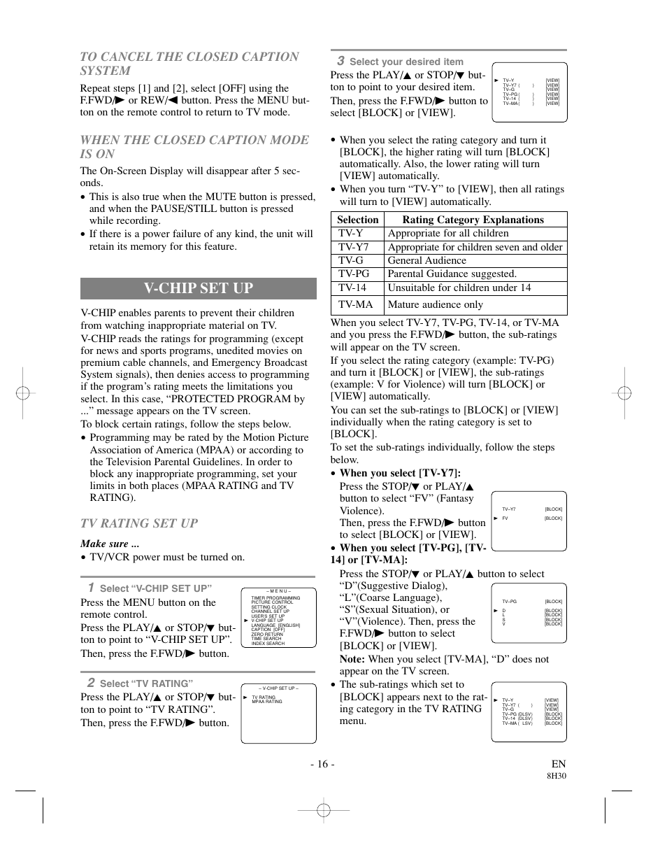 V-chip set up, When the closed caption mode is on, Tv rating set up | 16 - en, Make sure, Tv/vcr power must be turned on | Sylvania SRC21135 User Manual | Page 16 / 31