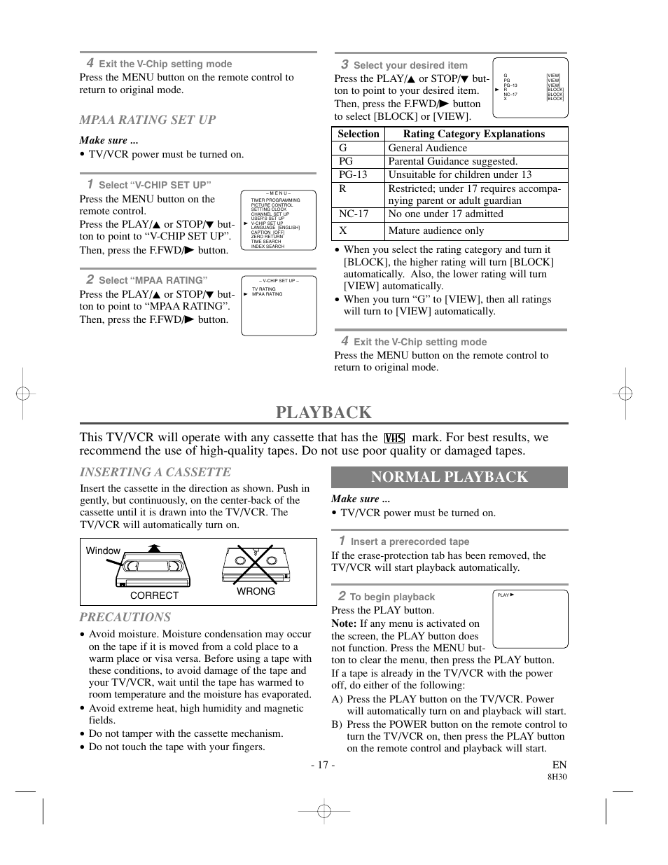 Playback, Normal playback, Mpaa rating set up | Inserting a cassette, Precautions | Sylvania SRC21135 User Manual | Page 17 / 31