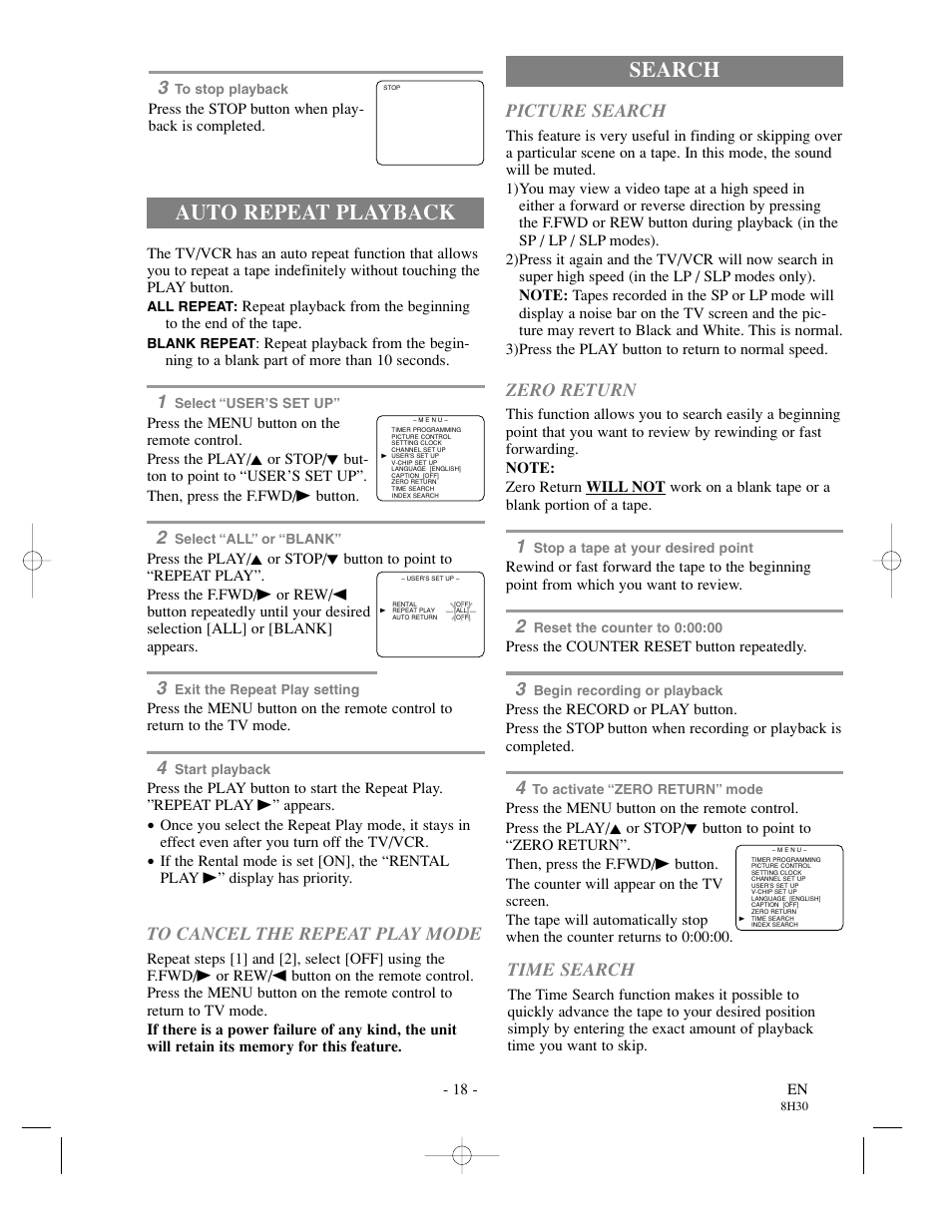 Search, Auto repeat playback, Picture search | Zero return, Time search | Sylvania SRC21135 User Manual | Page 18 / 31