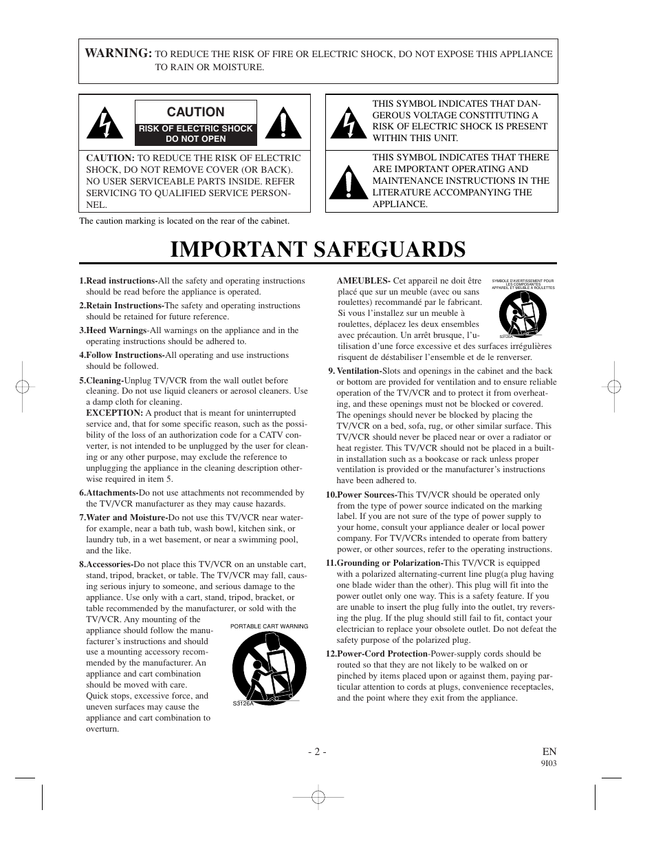 Important safeguards, Warning, Caution | Sylvania SRC21135 User Manual | Page 2 / 31